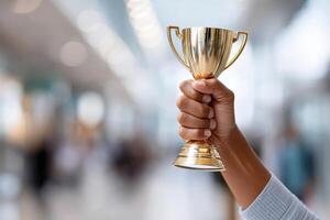 Hands celebrate success by triumphantly holding a vibrant trophy in a bright venue photo