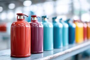 Close-up view of fire extinguisher production showcasing colorful models in a manufacturing environment photo