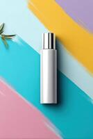 Bright artistic foundation spray mockup on vibrant background with clear space for branding photo