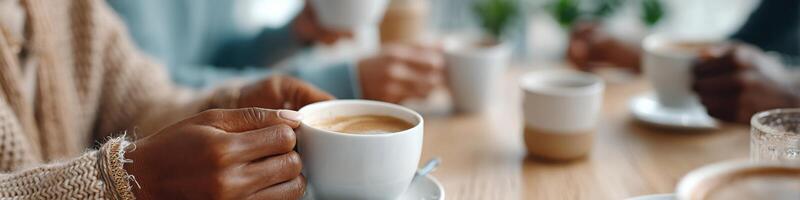 Diverse hands stirring coffee together in a cozy setting fostering connection and conversation photo