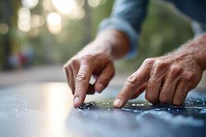 Hands explore a star map in a vibrant outdoor setting under a bright sky photo