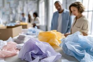 Creative workspace with colorful packing materials and team discussion on innovative uses photo