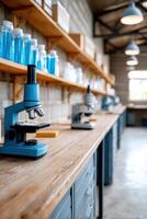 Organized garage featuring colorful microscopes on display with spacious and inviting layout photo