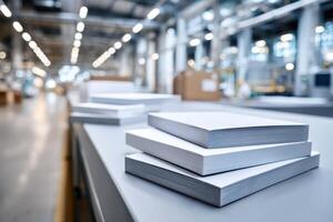 Finished atlases neatly stacked in a modern production area with ample branding space photo