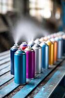 Processing of aerosol can materials in an industrial setting showcasing vibrant colors and production activity photo