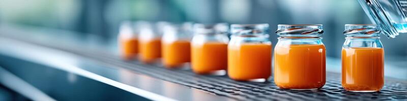 Dynamic view of baby food jars being filled in a lively factory setting with ample space for details photo