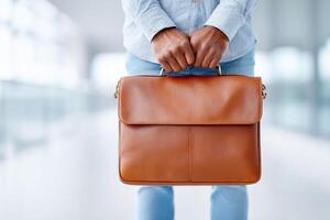 Sleek briefcase held by professional in bright office setting with ample space for marketing copy photo