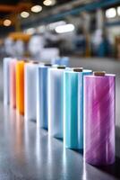 Vibrant rolls of polyethylene showcasing colorful designs in a busy factory setting photo
