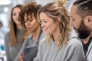 Workshop focuses on understanding hair damage during styling in vibrant studio setting photo
