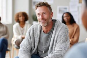 Caucasian man in his 50s listens empathetically at a support group for alcohol problems in a warm, bright room photo