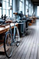 Bicycle production workshop with machinery and tools in a well-lit environment photo