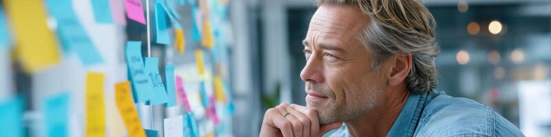 Middle-aged man ponders skills during dynamic workshop while surrounded by vibrant learning materials photo