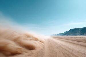 Dynamic sandstorm moving across a bright desert landscape with clear copy space photo