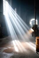 Dynamic lighting setup showcasing machinery in action with beams illuminating the workshop photo