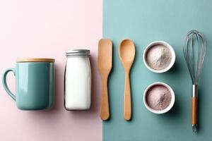 Stylish baking set tools arranged on a colorful background for creative cooking and baking projects photo