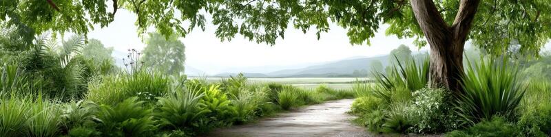 Diverse garden with lush greenery and vibrant flora showcasing the story of Adam and Eve in a serene setting photo