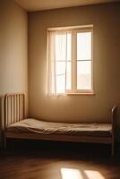 Embracing solitude in a dimly lit room with a single window casting light on an unmade bed photo