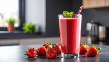 Fresh strawberry smoothie with mint garnish, ready to drink in a tall glass with fruit around it photo