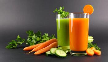 Freshly squeezed carrot juice and green vegetable juice for a healthy and nutritious start to the day photo