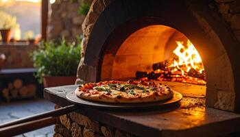 Pizza baking in traditional stone oven with blazing fire, creating a warm and inviting culinary experience. photo