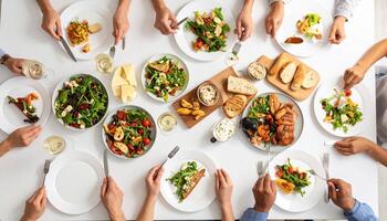 People share a gourmet dining experience with salads, bread, and chicken on a white table, creating a delightful food scene. photo