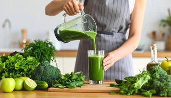 Preparing a fresh green smoothie with broccoli, spinach, dill, and fruits for a healthy drink in the kitchen. photo