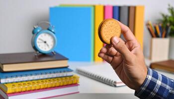 Human hand holding delicious biscuit over a desk with books and clock in a relaxed study session photo
