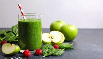 Vibrant green smoothie, a healthy drink with fresh apple, spinach, and raspberries for a nutritious start. photo