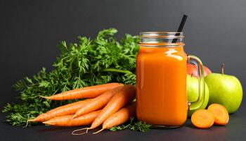Fresh carrot juice in a mason jar surrounded by carrots and apples makes a healthy and delicious drink. photo