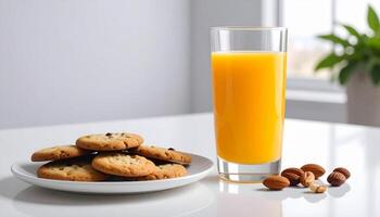 Freshly squeezed orange juice complements a stack of chocolate chip cookies, with almonds offering a nourishing addition. photo
