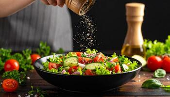 Fresh salad gets a flavorful addition, person seasoning a vibrant mix of greens, tomatoes, cucumbers and red onions with peppercorns. photo
