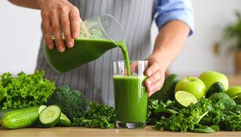Preparing a nutritious green smoothie with healthy ingredients like kale, apple, lime, cucumber, and spinach for a refreshing beverage. photo