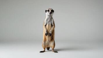 Portrait of a Curious Meerkat Standing Tall Against a Neutral Background photo