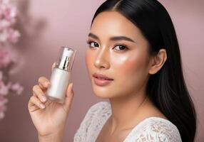 Beautiful asian woman holding a bottle of skin care product photo