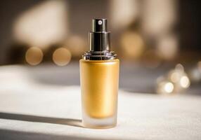 A bottle of golden liquid makeup sitting on a table photo