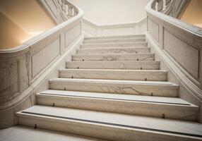 A staircase with white marble steps and railings photo
