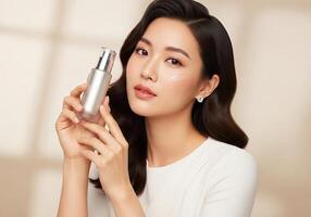 A woman holding a bottle of skin care product photo