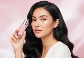 A woman with long black hair holding a pink bottle photo