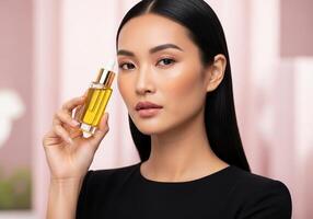 A woman holding a bottle of oil photo