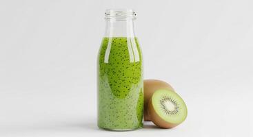 A glass bottle with green liquid and kiwi fruit photo