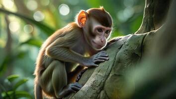 Young monkey climbing a tree trunk in a lush green forest Jungle Wildlife photo