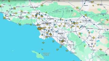Live Aircraft Map Showing Flight Density Over Los Angeles Region, Real-time aviation tracker visualizing plane locations and air routes above Southern California video