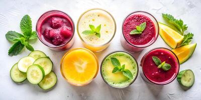 Assortment of colorful fruit and vegetable smoothies photo