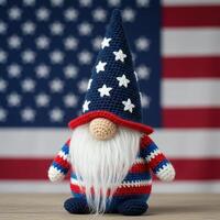 Patriotic crochet gnome with american flag background photo