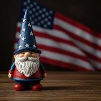 Patriotic garden gnome with american flag background photo