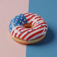 Patriotic american flag donut with sprinkles on pink and blue background photo