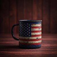 Distressed american flag metal mug on dark wood background photo