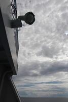 A view of a camera on a building with a cloudy sky photo