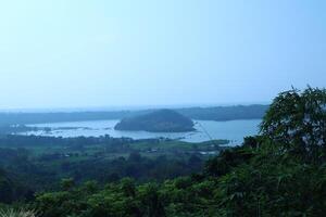 A view of a lake and a forest from a hill photo