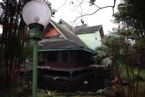 A house with a pond in front of it photo
